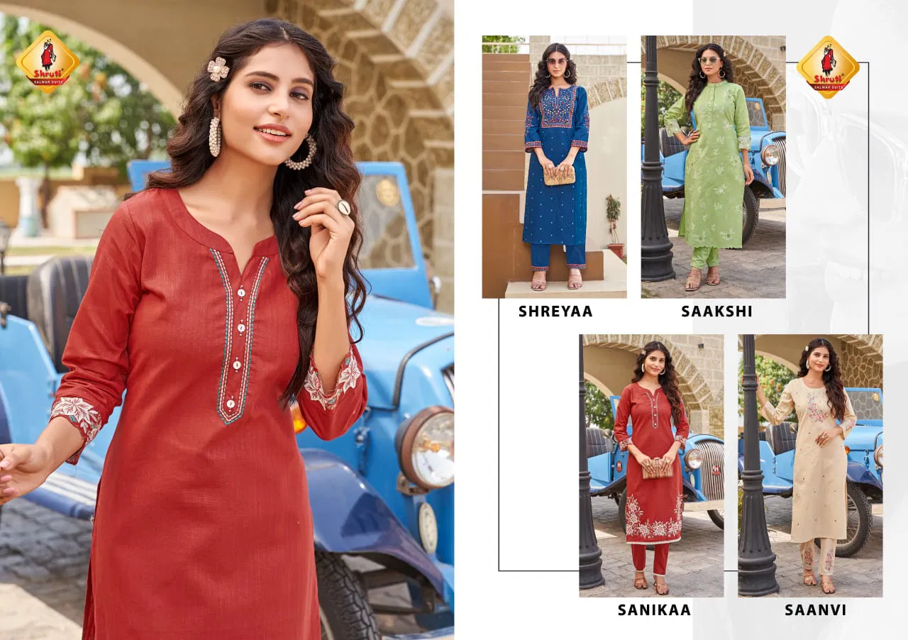 Paheli Vol 11 By Shruti Cotton Linen Embroidery Kurti With Bottom Exporters In India